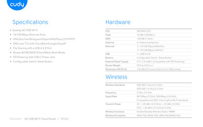 Router Wi-Fi portátil para viaje Cudy TR1200 AC1200 multi-modo AP/WISP/RE 1 pto WAN y 1 LAN 10/100 con 2 antenas externas 1 pto USB2.0