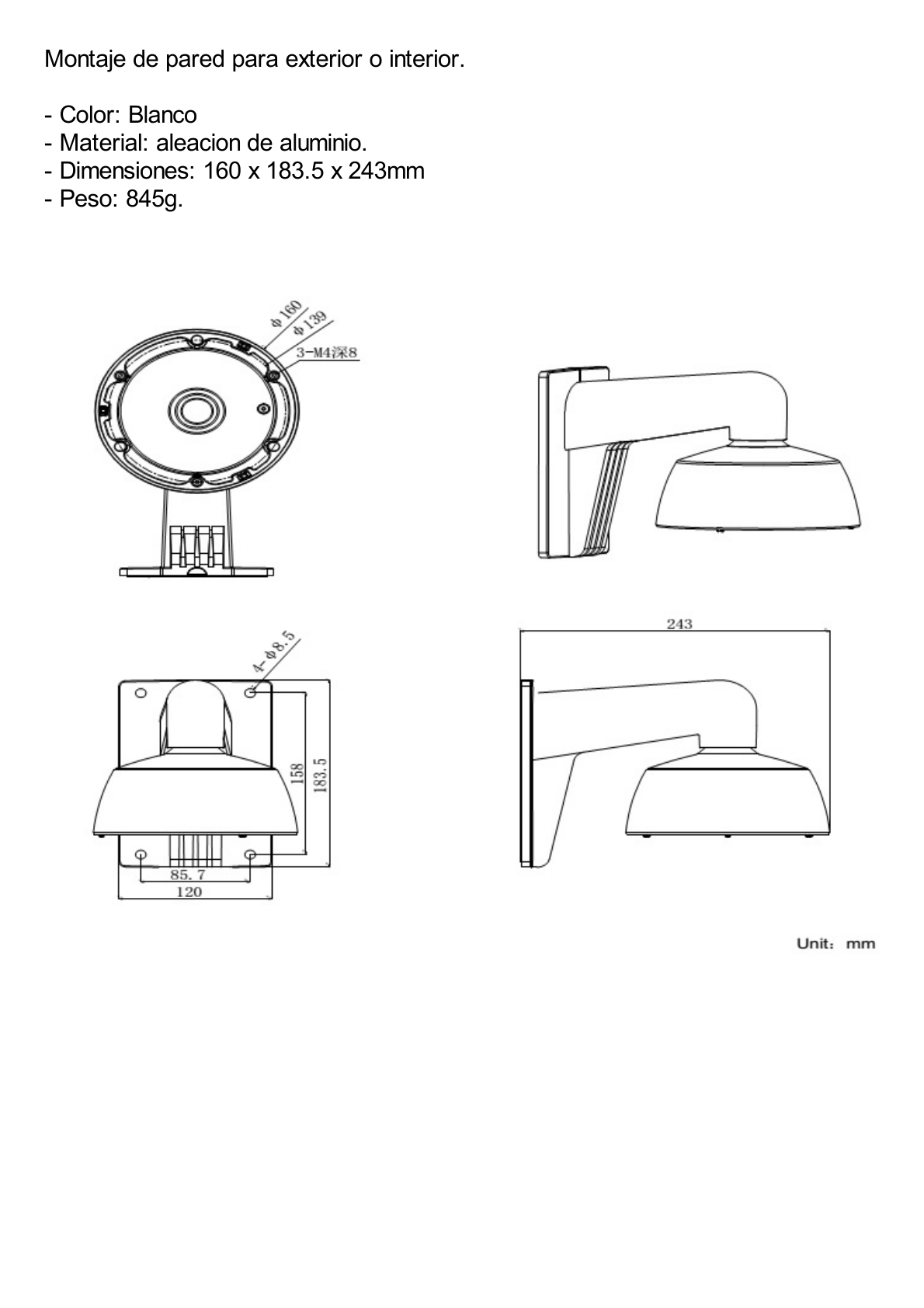 Montaje de Pared para Exterior / Compatible con Domos HIKVISION