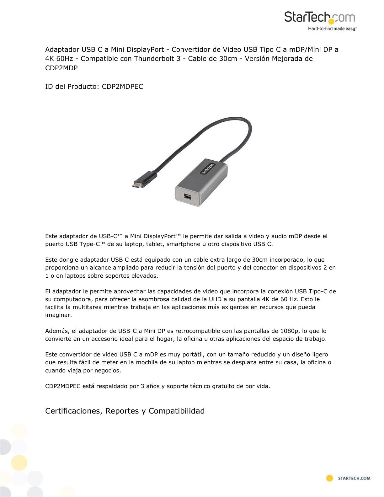 Adaptador StarTech USB Tipo-C a Mini DisplayPort Convertidor de Video USB Tipo-C a mDP/Mini DP 4K 60 Hz Blanco Cable de 30cm