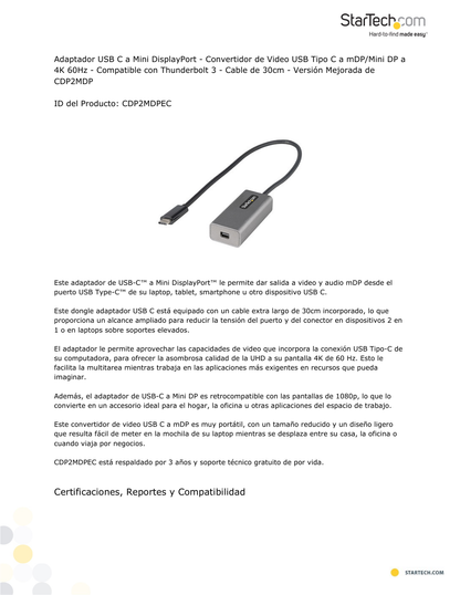 Adaptador StarTech USB Tipo-C a Mini DisplayPort Convertidor de Video USB Tipo-C a mDP/Mini DP 4K 60 Hz Blanco Cable de 30cm