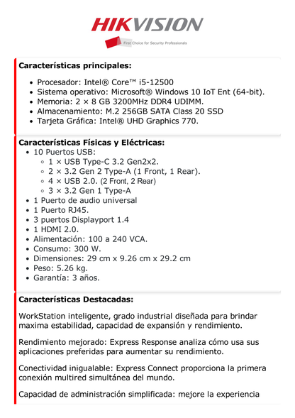 Estación de Trabajo (Workstation) para Monitoreo / 64 Bits / Intel® Core i5 - 12500 / 16 GB RAM / M.2 256 GB / Windows 10 IoT Enterprise / 4 Salidas de Video