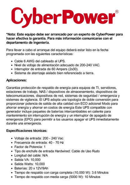 UPS de 10000 VA/10000 W, Online Doble Conversión, 200 - 240 Vac de Entrada, 120 - 240 Vac de Salida, Entrada Hardwired, Onda Senoidal Pura, Torre o Rack de 8 UR, Con 6 Tomas NEMA 5-20R, 3 NEMA L6-30R y Terminal Hardwire