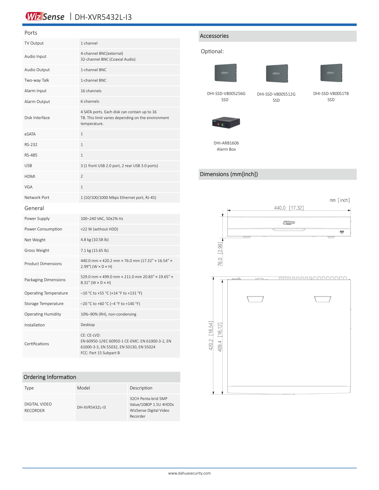 DVR Dahua DH-XVR5432L-I3 32 canales 5 mp lite con IA wizsense H.265 4 bahias para HDD 32 canales IP 2 canales de reconocimiento facial SMD plus