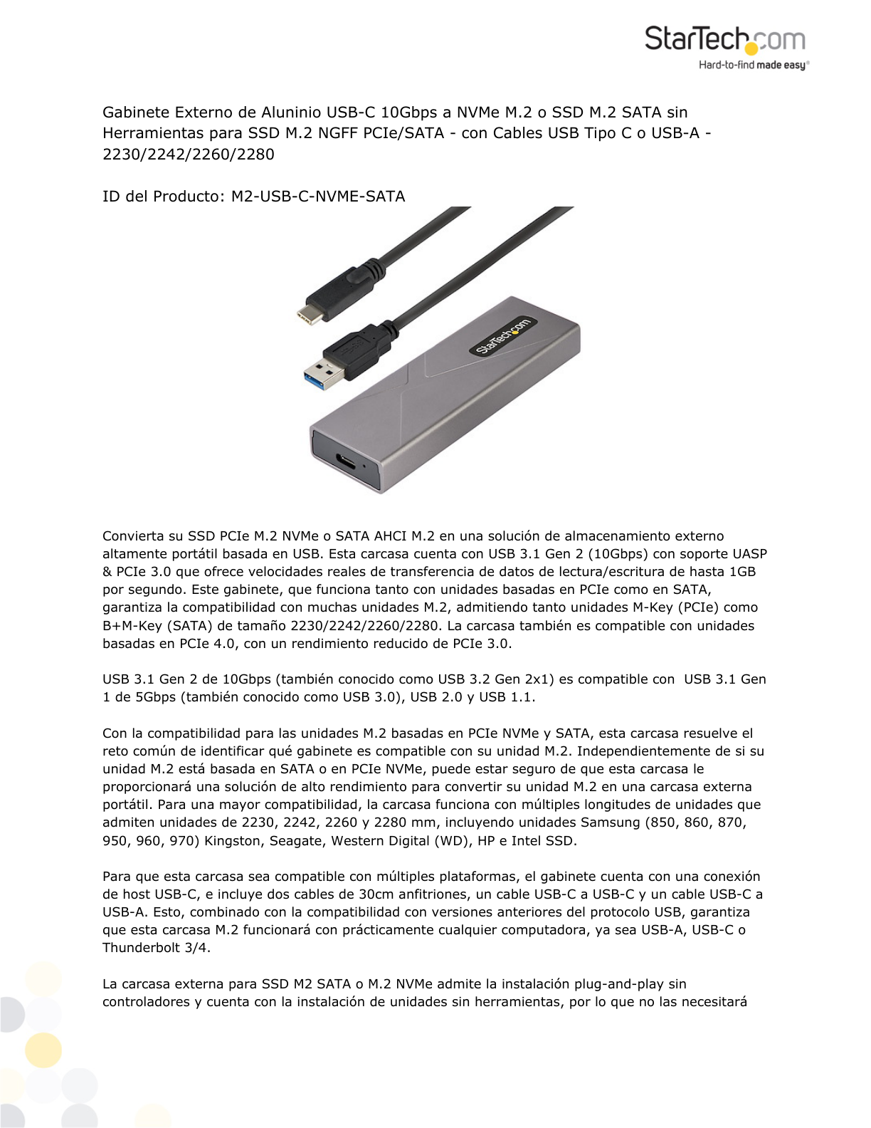 Gabinete StarTech USB-C de 10Gbps a NVMe M.2 o SSD SATA M.2 - Carcasa de Aluminio para SSD NGFF M.2 PCIe/SATA con Cable USB-C y USB-A