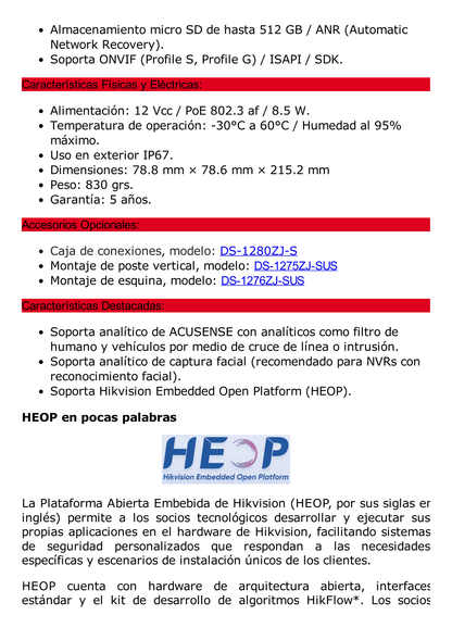 Bala IP 6 Megapixel / Lente 2.8 mm / 40 mts IR / Exterior IP67 / PoE / ACUSENSE / DARKFIGHTER / Alarmas y Audio I/O / ONVIF / Micro SD / 4 Analíticos: AcuSense, Deteccion Facial, Conteo de Personas por Cruce y Zona