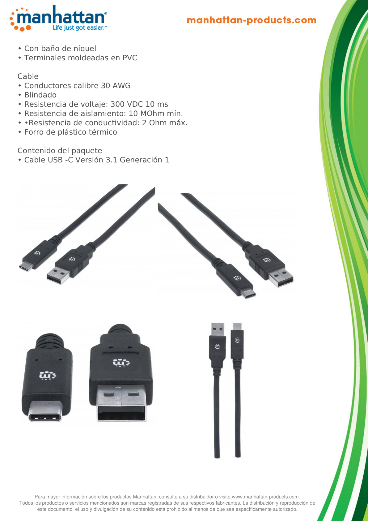 Cable Manhattan USB-C AM-CM 2M V3.1 Negro