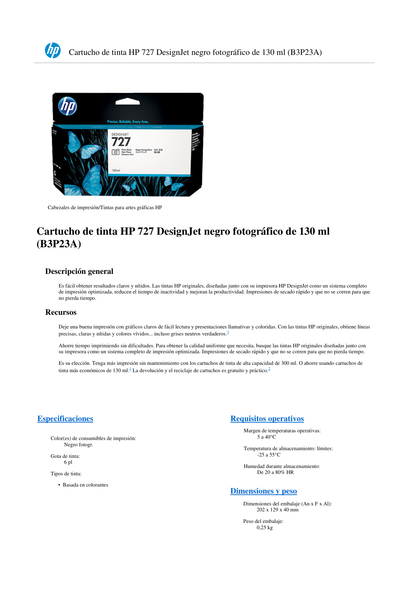 TINTA HP LF 727 B3P23A NEGRO FOTOGRAFICO DesignJet T1500 /T2500/T920 130ML