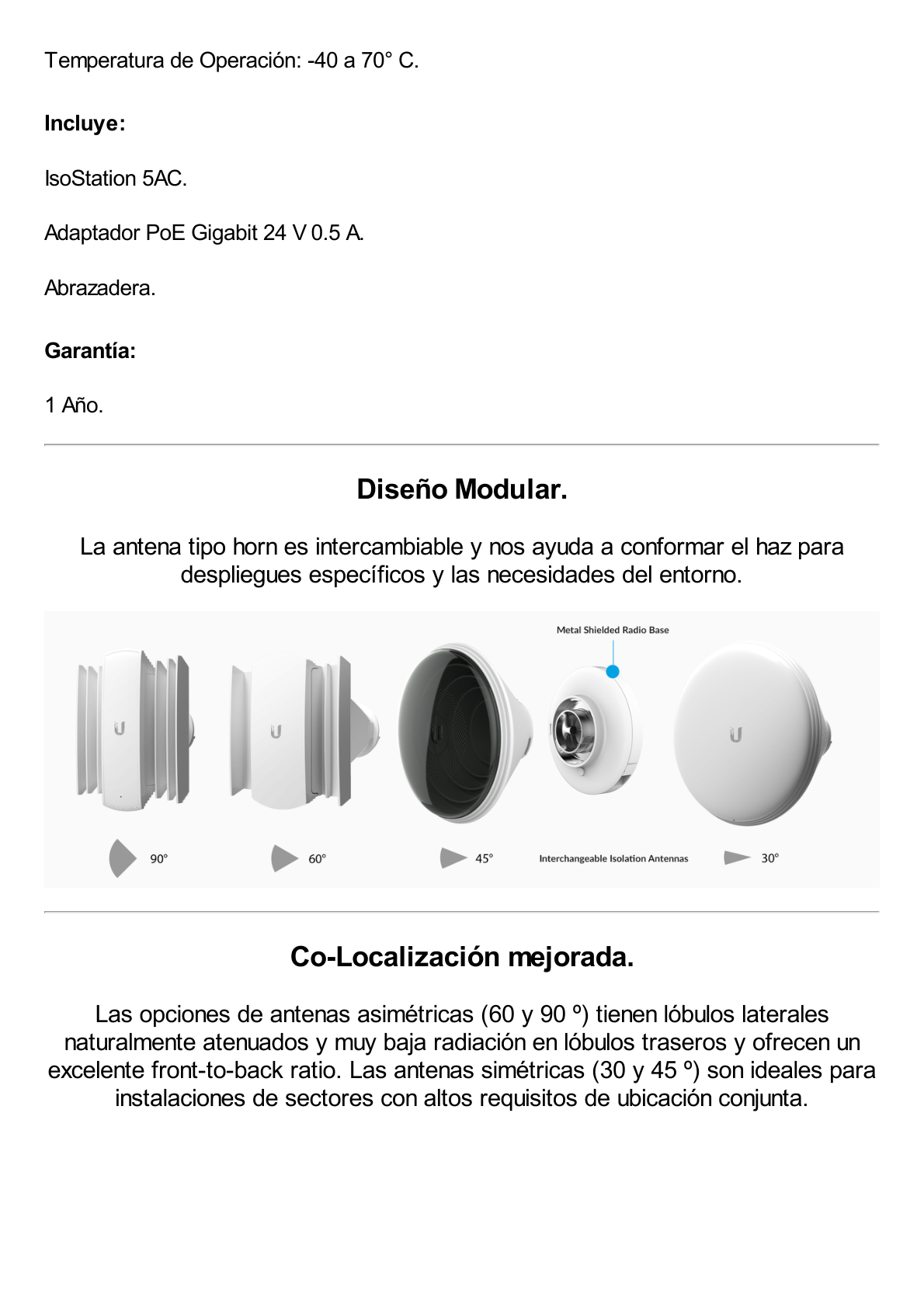 IsoStation airMAX AC hasta 450 Mbps, 5 GHz (5150 - 5875 MHz) con antena sectorial simétrica de 45 grados de 14 dBi, inmunidad al ruido mejorada