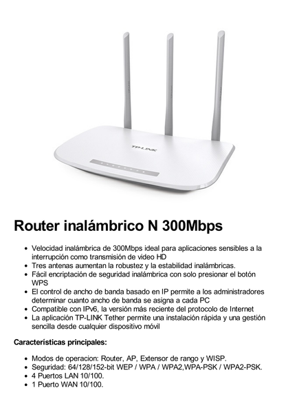 Router Inalámbrico WISP, 2.4 GHz, 300 Mbps, 3 antenas externas omnidireccional 5 dBi, 4 Puertos LAN 10/100 Mbps, 1 Puerto WAN 10/100 Mbps, IPTV, IPV6