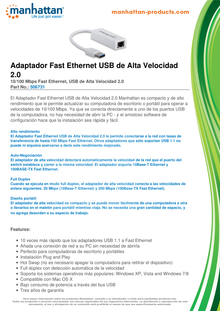 ADAPTADOR MANHATTAN USB 2.0 A RJ45 10/100