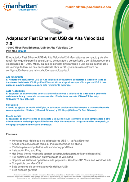 ADAPTADOR MANHATTAN USB 2.0 A RJ45 10/100