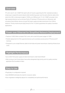 Switch TP-LinkTL-SL1218MP V2 no administrable 16 puertos 10/100 PoE+ max.194W y 4 puertos gigabit (2 x RJ45 y 2 x SFP/combo)