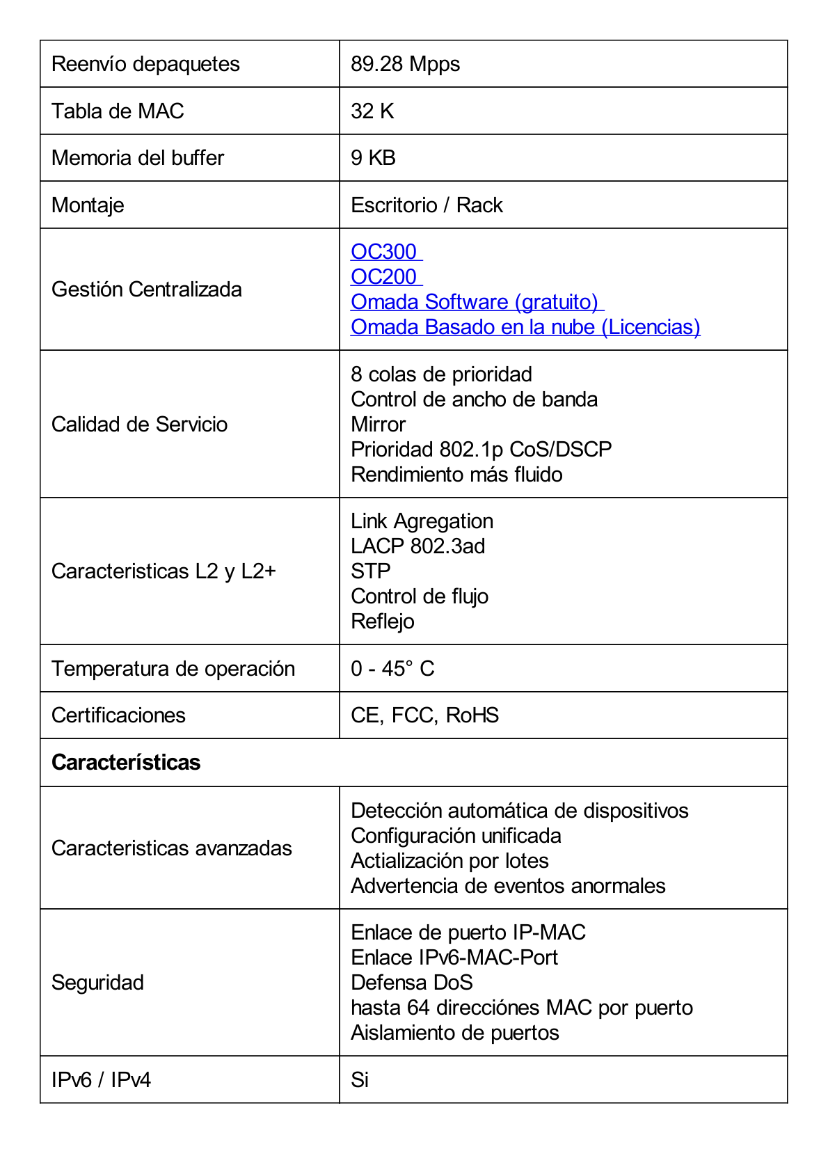 Switch L2+ PoE++ Omada 6 Puertos 10G / 4 Puertos 802.3 af/at/bt  Multi-Gigabit  1G, 2.5G, 5G, 10G / 2 Puertos SFP+ 10G / Multicast IGMP / Adminstración Centralizada Omada o Stand-Alone / Presupuesto PoE 200W / Montaje Rack-Escritorio