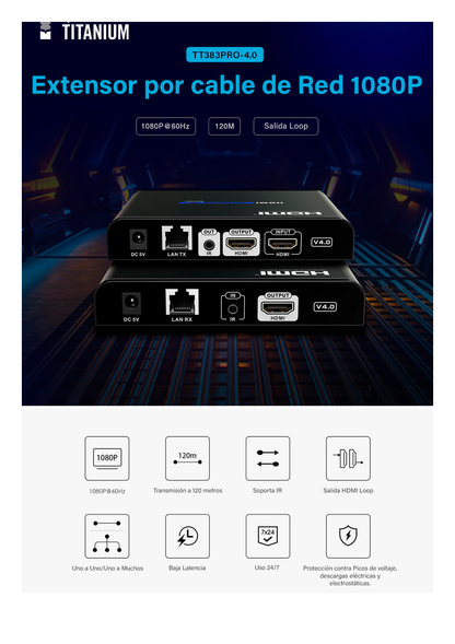 Receptor Compatible para Kits TT-383PRO4.0 / Resolución 1080P@60Hz / Cat 5e/6 / Distancia de 120 m / Control IR / Protocolo HDbitT / Compatible con Switch Gigabit .