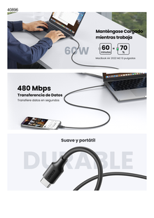 Cable USB-C a USB-C | 1 Metro | Carga Rápida de hasta 60W | Transferencia de datos de 480 Mbps | PD3.0 | QC 4.0/3.0/2.0 | FPC | AFC | Duradero y Flexible| Caja ABS | Cubierta de TPE | Color Negro.