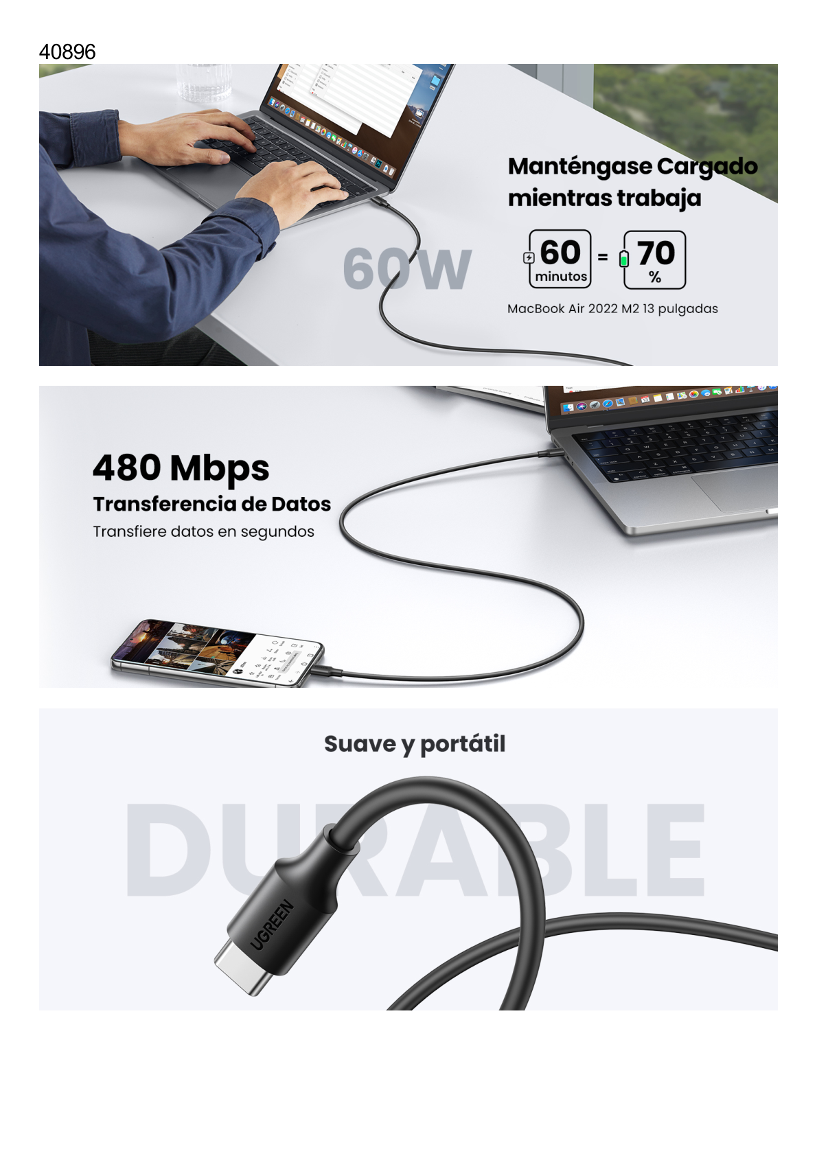 Cable USB-C a USB-C | 1 Metro | Carga Rápida de hasta 60W | Transferencia de datos de 480 Mbps | PD3.0 | QC 4.0/3.0/2.0 | FPC | AFC | Duradero y Flexible| Caja ABS | Cubierta de TPE | Color Blanco.