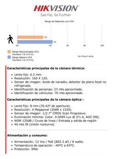 Bala IP Dual / Térmica 6.2 mm (160 x 120) / Óptico 8 mm (4 Megapixel) / DETECCIÓN DE PERSONAS 182 m /40 mts IR / Exterior IP67 / PoE / Termométrica / Detección de Temperatura / Sirena y Luz Inte / Micro SD 32 GB Incluida