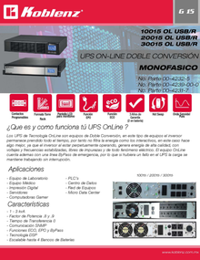 UPS Koblenz Online doble conversión 30015OL USB/R 3.0kVA/2700W 120V rack 2U LCD 4 NEMA 5-20R entrada NEMA L5-30P