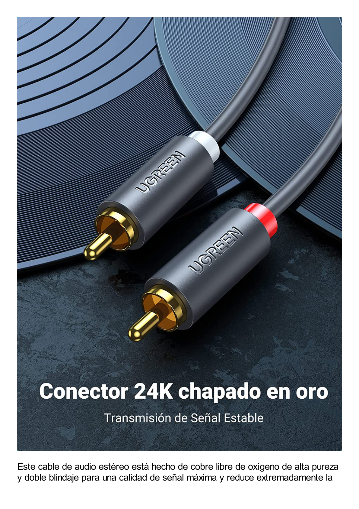 Cable de Audio 2 RCA Macho a 2 RCA Macho / 5 Metros / Color Negro / Alta Calidad / Anillos de goma para asegurar un agarre firme al instalar o quitar el cable