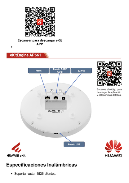 Punto de Acceso Wi-Fi 6 de Alta Densidad /  6.575 Gbps / MU-MIMO 2x2x4:3 (2.4GHz, 5GHz y 5GHz) / Smart Antenna / Puerto GE y Puerto 2.5GE / Puerto USB (Para expansion IoT) / BLE /  Con Administración Gratuita desde la Nube