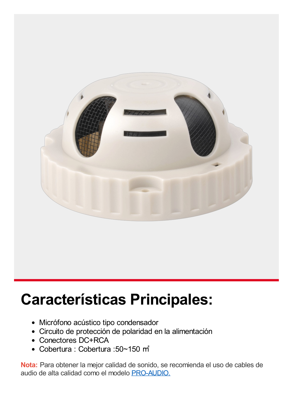 Micrófono omnidireccional, en sensor de humo, alta fidelidad, con distancia de recepción de 10-100 metros cuadrados