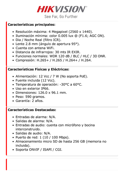 Domo IP 4 Megapixel / Lente 2.8 mm / 30 mts IR / Exterior IP66 / Wi-Fi / WDR 120 dB / Soporta Micro SD / H.265+ / Micrófono y Bocina Interconstruido