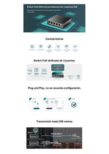 Switch PoE No Administrable de Escritorio / 5 puertos 10/100 Mbps / 4 puertos PoE af / Presupuesto 41 W / Modo extensor PoE hasta 250 metros / Calidad video prioritaria