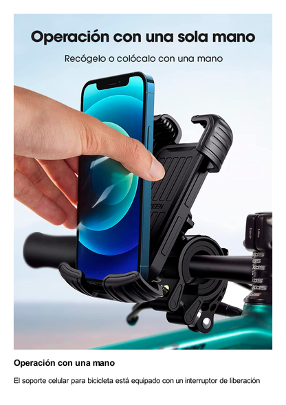 Soporte de Celular para Manillar de Motocicleta o Bicicleta / Anti Vibración / Protección de clip Antideslizante / Rotación de 360° / Bloqueo de Seguridad / Compatible con manillar de 0.6'' a 1.75'' / Soporta dispositivos de 4.6''