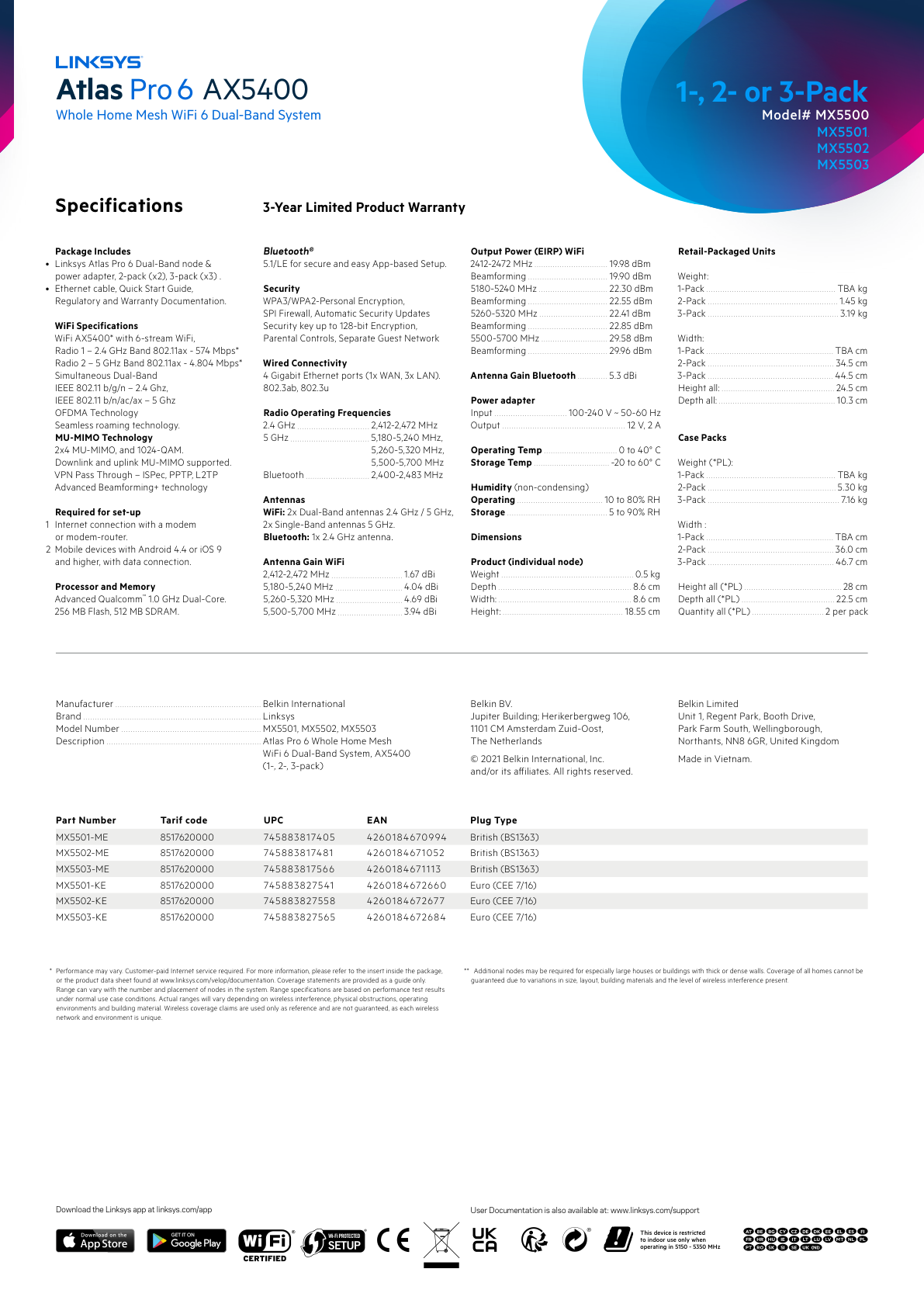 Sistema Atlas Pro 6 Linksys MX5501 (1-pieza) Mesh Wi-Fi 6 AX5400 (5GHz compatible 160MHz) OFDMA 1x WAN y 3x LAN RJ45 gigabit