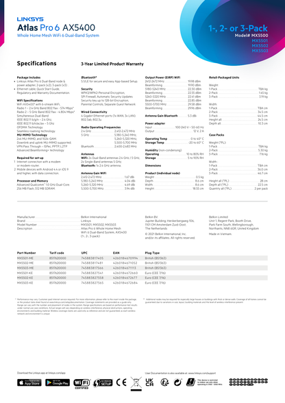 Sistema Atlas Pro 6 Linksys MX5501 (1-pieza) Mesh Wi-Fi 6 AX5400 (5GHz compatible 160MHz) OFDMA 1x WAN y 3x LAN RJ45 gigabit