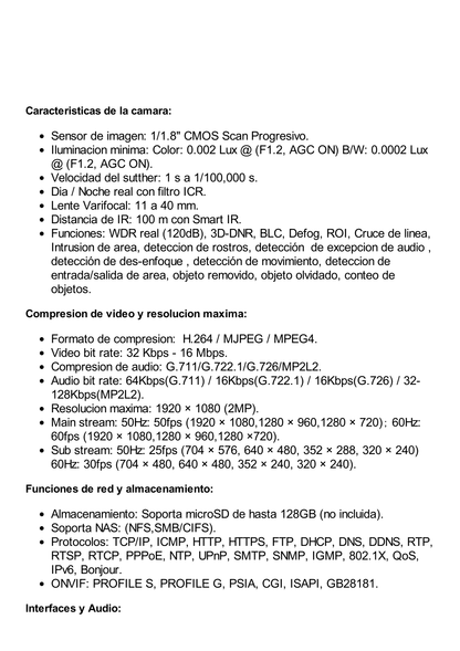 Cámara Bala IP 2 Megapixel / Anticorrosivo / Ultra Low Light / Lente Var. 11 - 40 mm / 100 mts IR / WDR / 60IPS / IP67 / ONVIF / WFC2 / C5-M / MicroSD