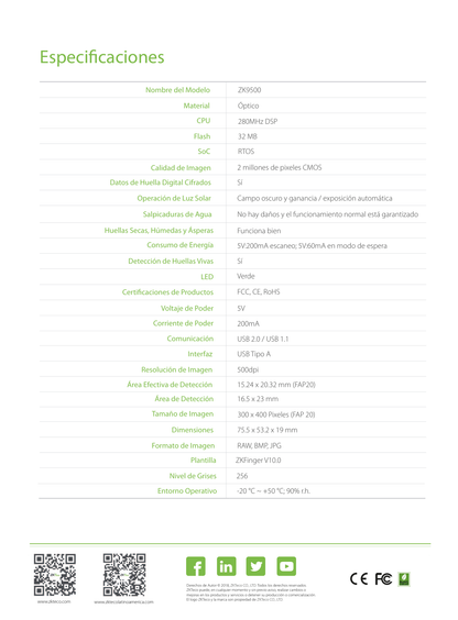ZKTeco ZK9500 - Enrolador de Huella Digital por USB Conexión de Alta Velocidad USB 2.0
