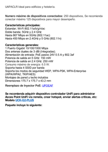 Access Point UniFi de largo alcance, Doble banda 802.11ac MIMO2X2 para interior, PoE 802.3af, soporta 250 clientes, hasta 867 Mbps