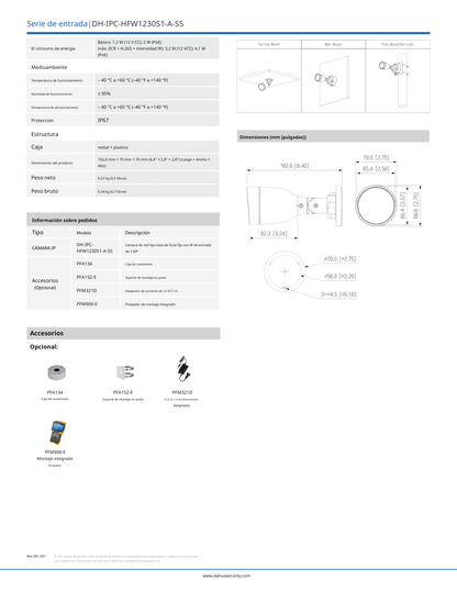 Camara Dahua DH-IPC-HFW1230S1-A-S5 ip bullet 2 mpx lente 2.8mm IR 30 m plastico microfono 102 gds apertura PoE IP67