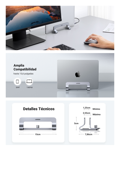 Soporte Vertical para Laptop / Adecuado para escritorio / Anchura Ajustable (12-26mm) / Amplia compatibilidad / Anti-Arañazos / Anti-Deslizante /Ajustable Mediante Tornillos / Color Plata / Aluminio + Silicona