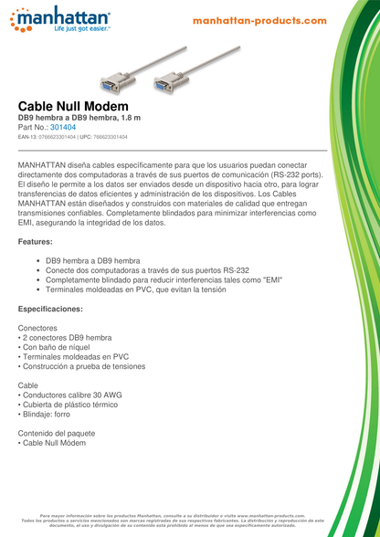 CABLE MANHATTAN NULL MODEM DB9 H-H 1.8M  7C