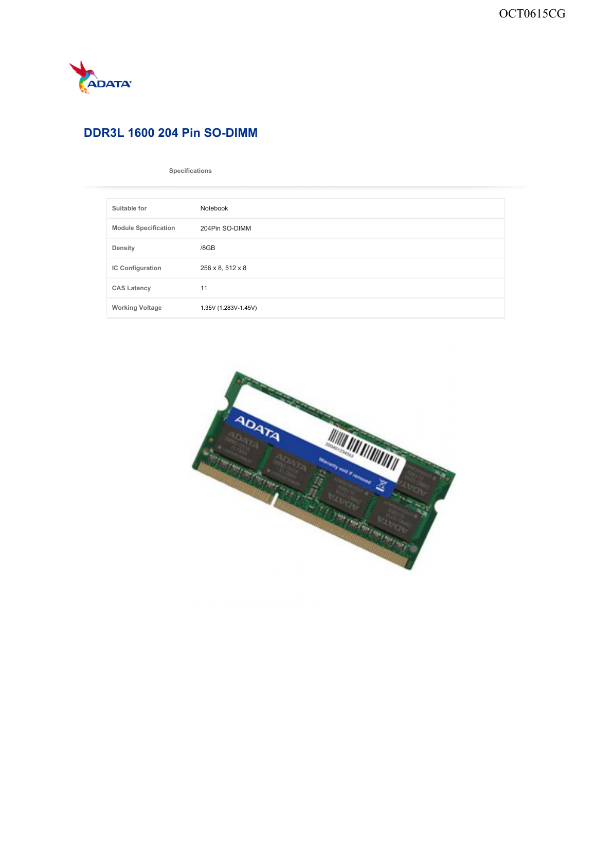 SODIMM ADATA 8GB DDR3 1600 MHZ ADDS1600W8G11-S BAJO VOLTAJE