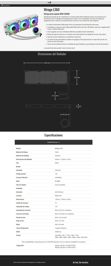 Enfriamiento Liquido AeroCool Mirage L360 WH Blanco ARGB LGA1700/AM5 2300 rpm