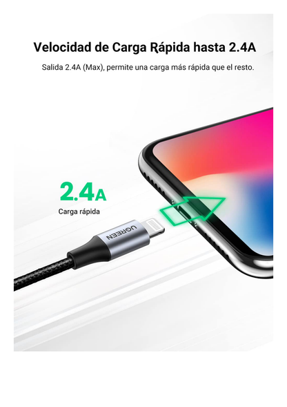 Cable USB-A a Lightning | 1 Metro | Certificado MFi | Carga Rápida 5V/2.4 A | 480 Mbps | Conector C94 | Adecuado para iPhone, iPad y iPod | Protección Integrada | Caja de Aluminio | Nylon Trenzado | Color Negro.