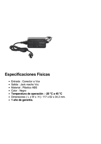 Adaptador de Pared con Cables de Extensión para Mayor Alcance 12 Vcc / 5 Amperes / Profesional / 0.5 metros a la toma de alimentación / 0.5 metros a la conexión del dispositivo