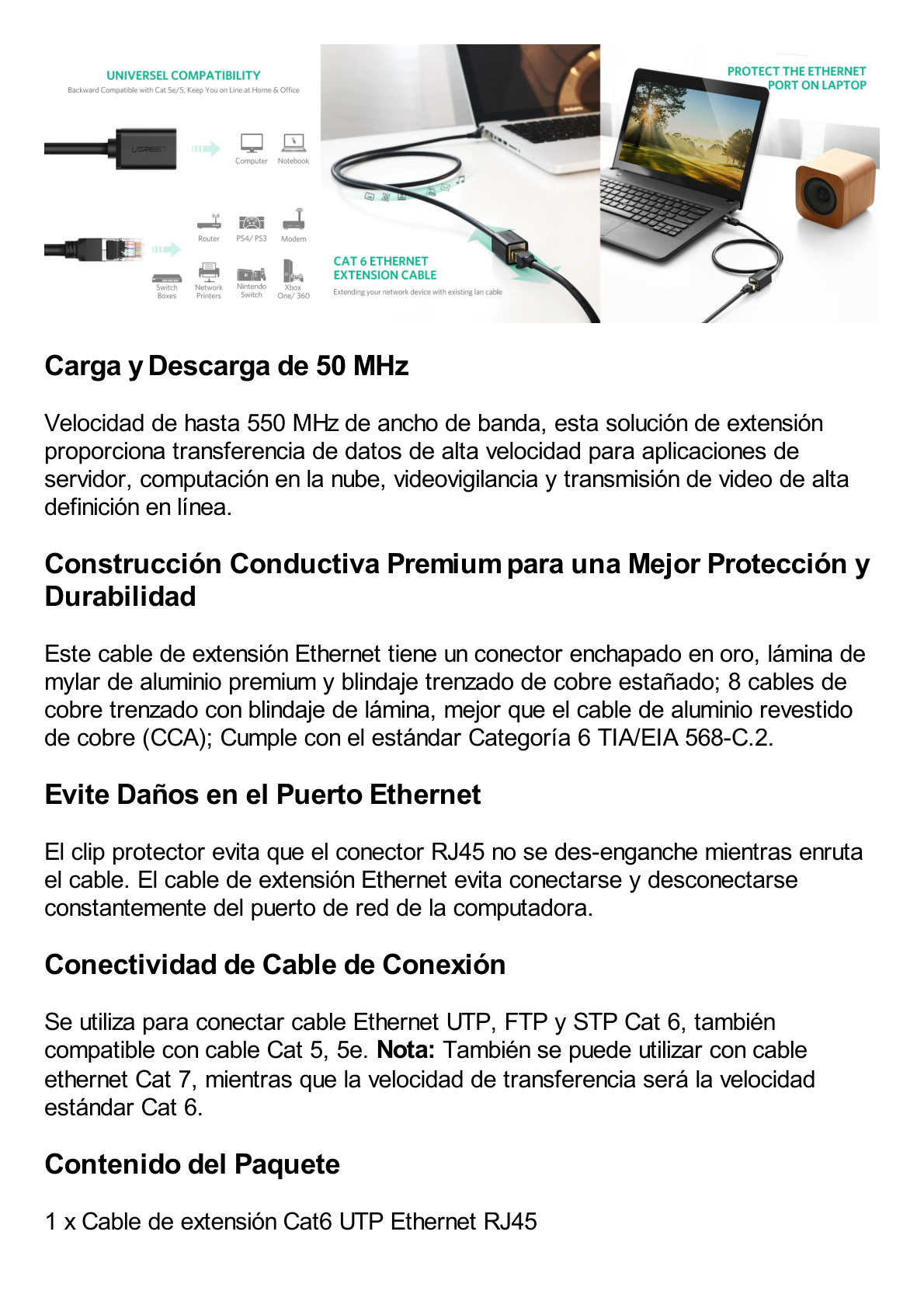 Cable de Extensión Cat6 RJ45 F/UTP / Macho a Hembra / 2m / Método de conexión 568B / Velocidad de transmisión 1000Mbps / Ancho de banda del canal 250MHz / Caja de Cobre / Negro