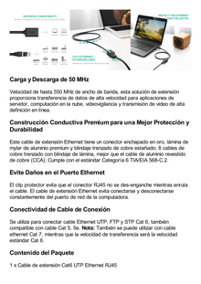 Cable de Extensión Cat6 RJ45 F/UTP / Macho a Hembra / 2m / Método de conexión 568B / Velocidad de transmisión 1000Mbps / Ancho de banda del canal 250MHz / Caja de Cobre / Negro