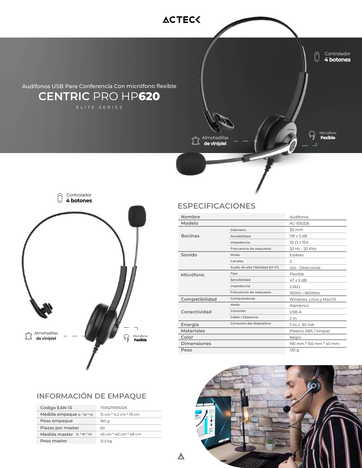 Audífonos Diadema Acteck On Ear Para Call Center Pro HN620 USB-A + Micrófono con Control de Volumen y Silencio