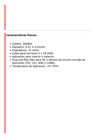 Cable Coaxial Siames (Mini RG59) + Alimentación (calibre 18) / 90 Metros de Distancia / CCA / Soporta 1080p (2 Megapixel) hasta 4K (8 Megapixel)  / Uso Interior y Exterior