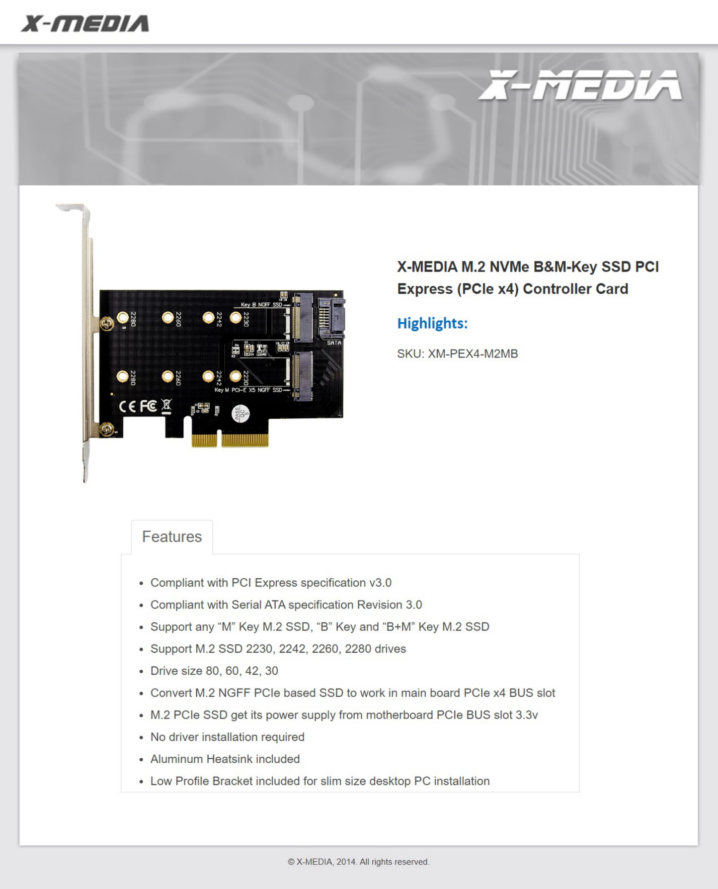 Tarjeta controladora X-Media PCI Express X-Media XM-PEX4-M2MB M.2 NVMe B+M-Key SSD (PCIe x4) incluye bracket low profile