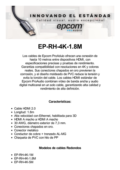 Cable HDMI de 1.8m | Alta Definición | Longitud | Version 2.0 | Alta velocidad 18Gbps | 4K@60Hz | Conectores Chapados en Oro | Tipo Redondo