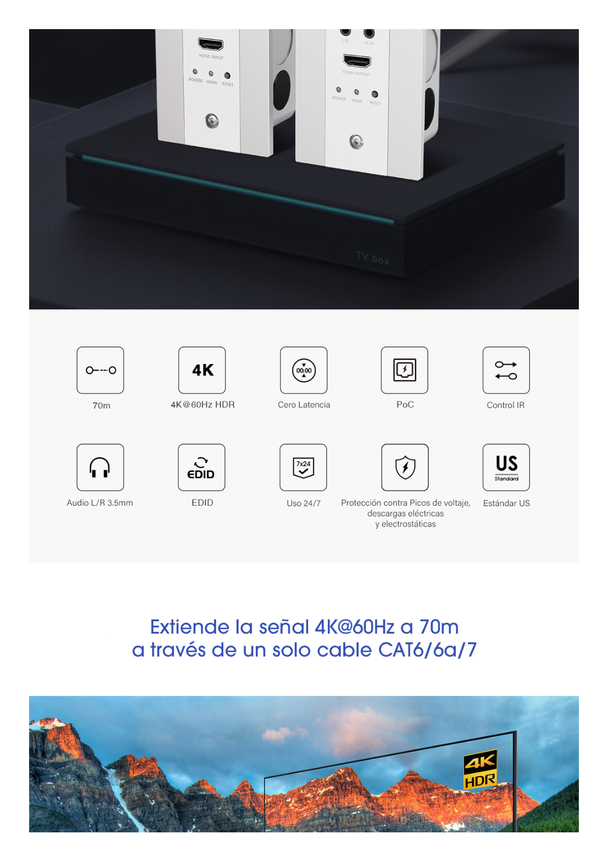 Kit Extensor HDMI en PLACAS DE PARED para distancias de 70 metros / Resolución 4K@60Hz / Cat 6/6A/ 7 / HDR/ IPCOLOR/ Cero Latencia / Soporta Control Remoto / Placa de pared de 2.74 x 4.49” (tamaño estándar de EE.UU.)