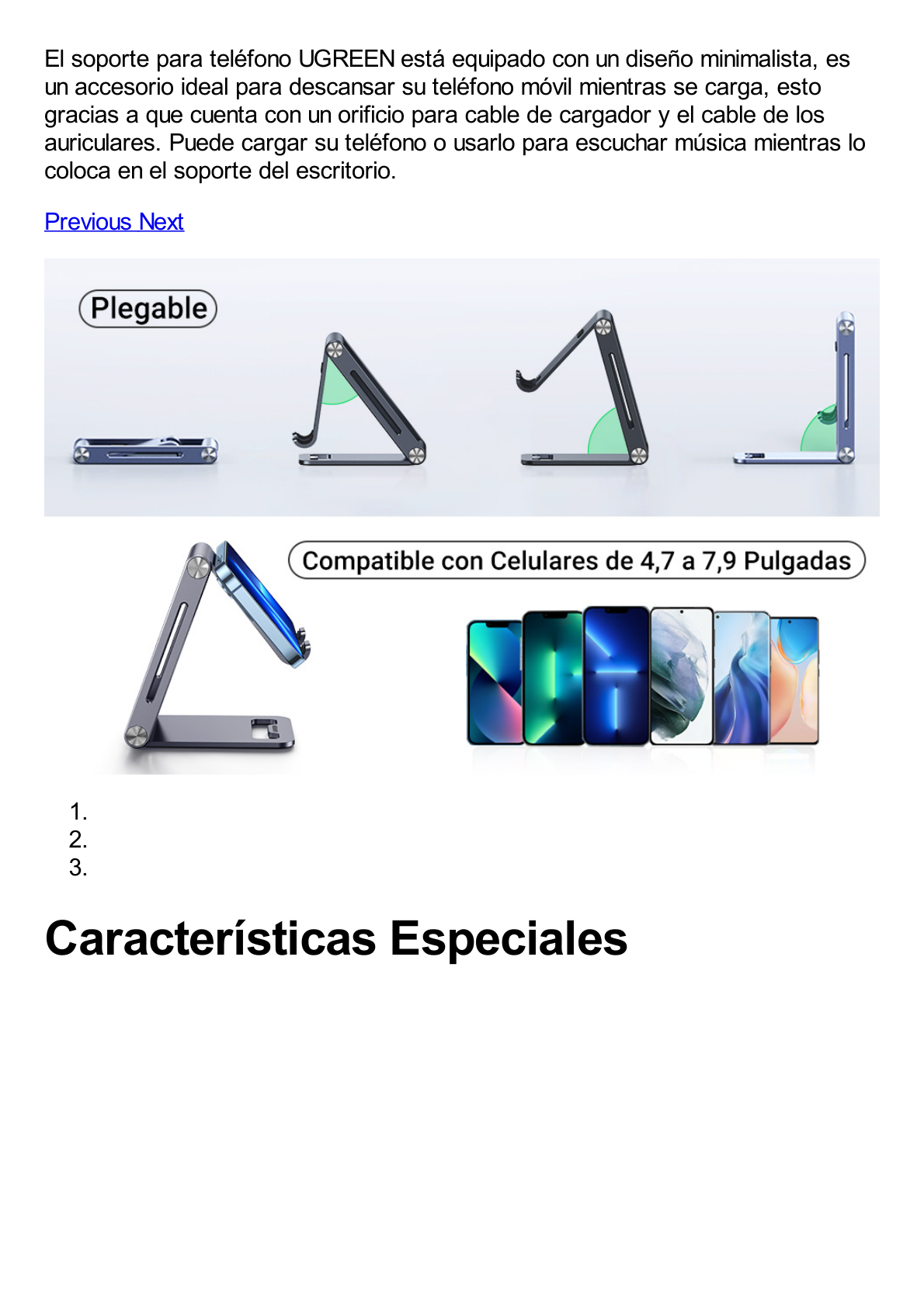 Soporte para Teléfono Celular de Aluminio / Angulo Ajustable / Amplia Compatibilidad con dispositivos de 4.7'' a 7.9'' / Antideslizante / Antiarañazos / Plegable / Color Gris