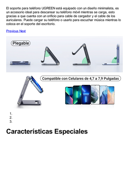 Soporte para Teléfono Celular de Aluminio / Angulo Ajustable / Amplia Compatibilidad con dispositivos de 4.7'' a 7.9'' / Antideslizante / Antiarañazos / Plegable / Color Gris