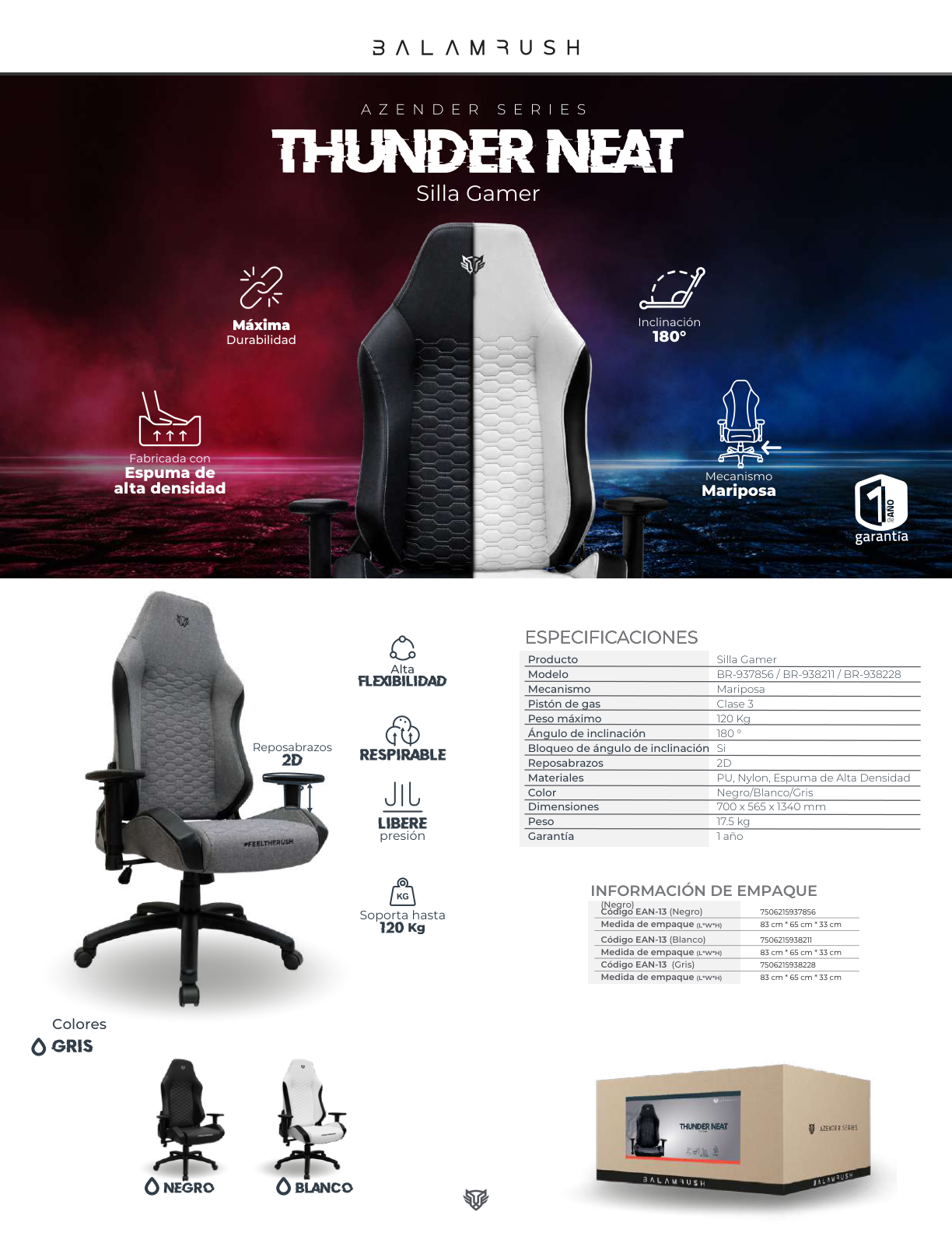 Silla Gamer Balam Rush Thunder Neat Ergonomica Negra hasta 120KG reposabrazos 2D ajustable 180